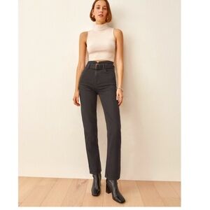 Reformation Cynthia Belted High Rise Straight Black Jeans